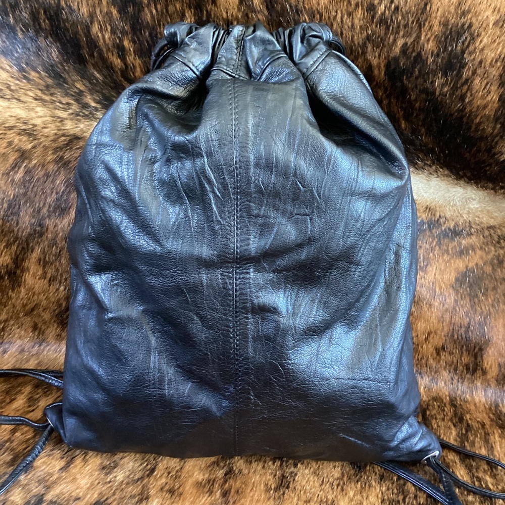 ASOS Black Leather Delicate Drawstring Slouch Backpack - Picture 2 of 10